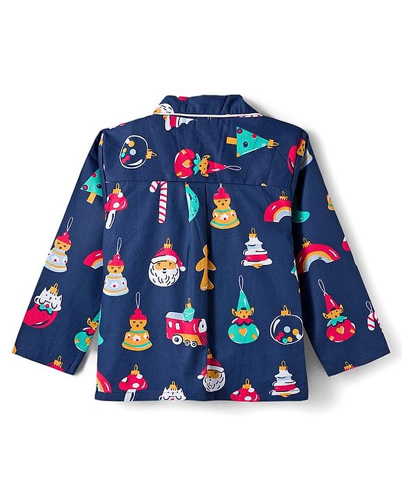 Babyhug Cotton Woven Full Sleeves Co-ords Night Suit With Santa Print - Navy Blue