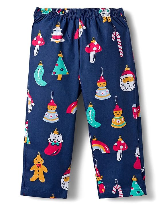 Babyhug Cotton Woven Full Sleeves Co-ords Night Suit With Santa Print - Navy Blue
