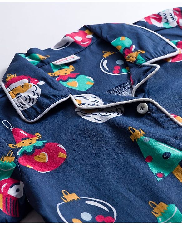 Babyhug Cotton Woven Full Sleeves Co-ords Night Suit With Santa Print - Navy Blue