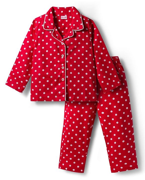 Babyhug Cotton Woven Full Sleeves Co-ords Night Suit With Polka Dot Print - Maroon