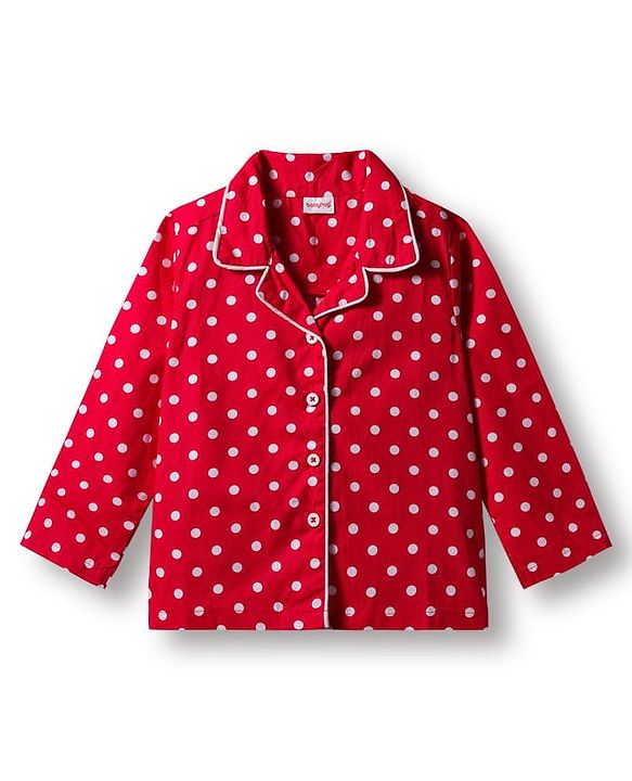 Babyhug Cotton Woven Full Sleeves Co-ords Night Suit With Polka Dot Print - Maroon