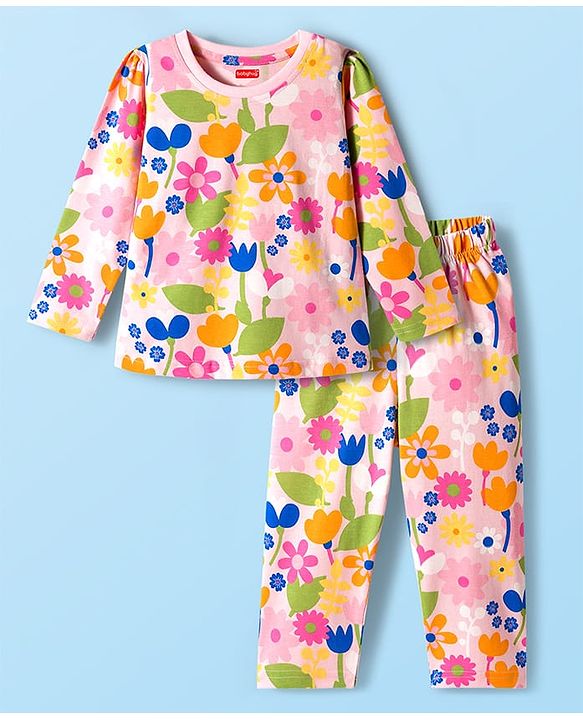 Babyhug Cotton Knit Full Sleeves Co-ords Night Suit With Floral Print - Pink