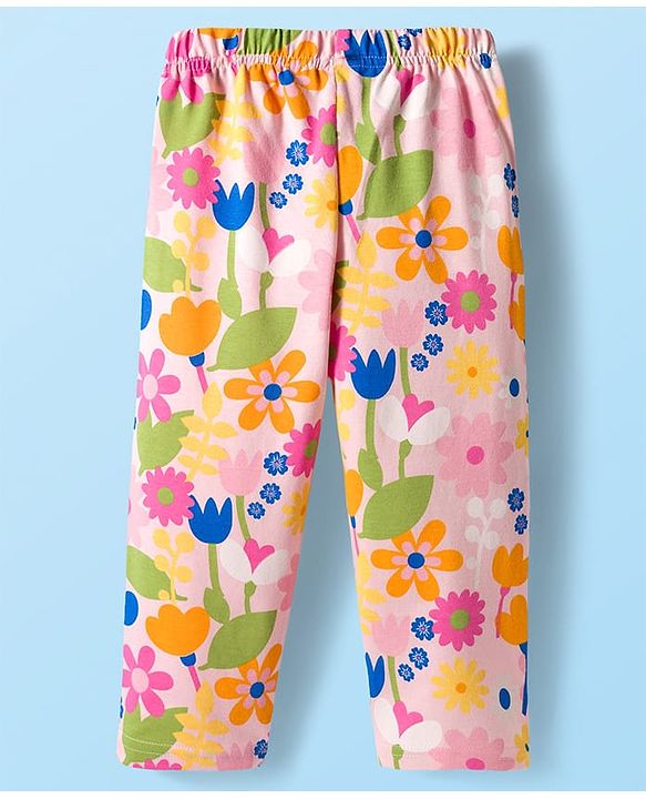 Babyhug Cotton Knit Full Sleeves Co-ords Night Suit With Floral Print - Pink