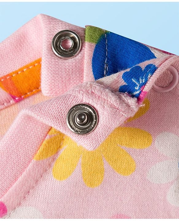 Babyhug Cotton Knit Full Sleeves Co-ords Night Suit With Floral Print - Pink