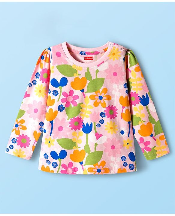 Babyhug Cotton Knit Full Sleeves Co-ords Night Suit With Floral Print - Pink