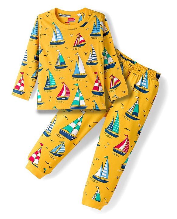 Babyhug Cotton Knit Full Sleeves Co-ords Night Suit With Nautical Theme Print - Yellow