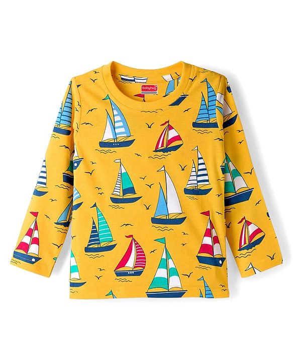 Babyhug Cotton Knit Full Sleeves Co-ords Night Suit With Nautical Theme Print - Yellow