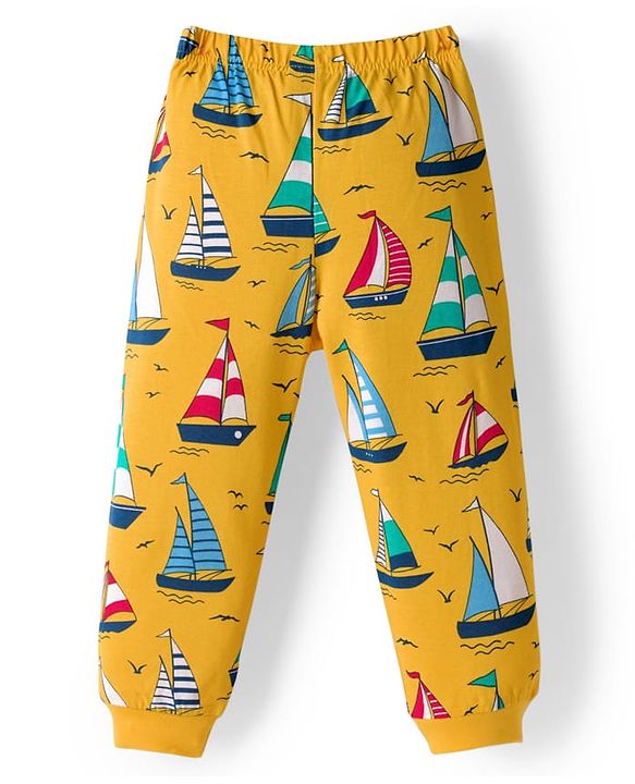 Babyhug Cotton Knit Full Sleeves Co-ords Night Suit With Nautical Theme Print - Yellow