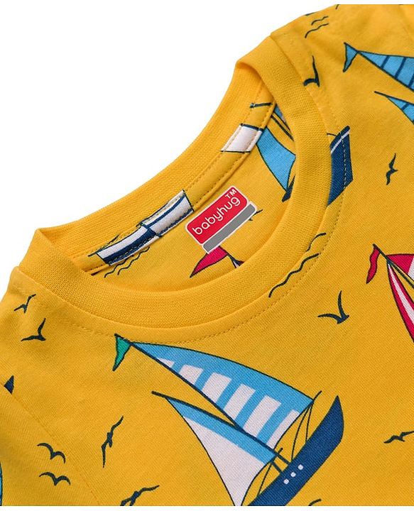 Babyhug Cotton Knit Full Sleeves Co-ords Night Suit With Nautical Theme Print - Yellow