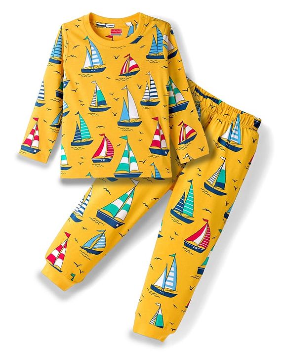 Babyhug Cotton Knit Full Sleeves Co-ords Night Suit With Nautical Theme Print - Yellow