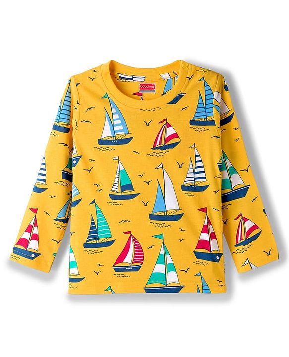 Babyhug Cotton Knit Full Sleeves Co-ords Night Suit With Nautical Theme Print - Yellow