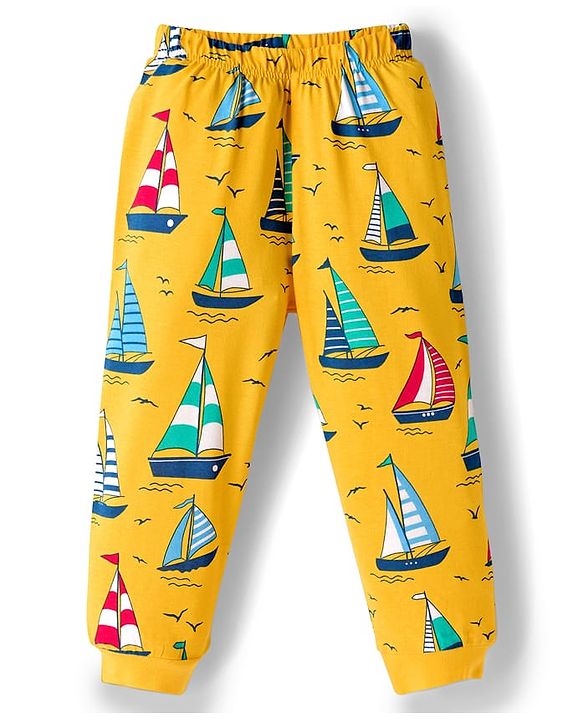 Babyhug Cotton Knit Full Sleeves Co-ords Night Suit With Nautical Theme Print - Yellow