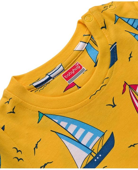 Babyhug Cotton Knit Full Sleeves Co-ords Night Suit With Nautical Theme Print - Yellow