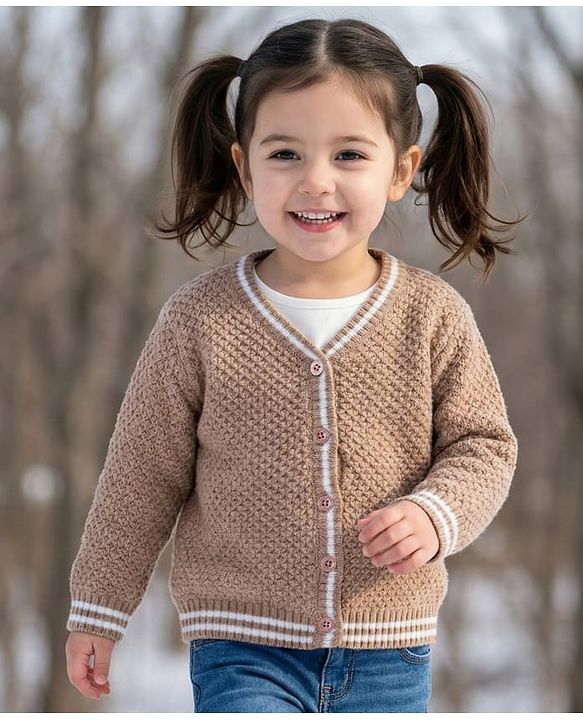 Babyhug Knit Full Sleeves  Front Open Sweater with Stripe Detailing - Brown