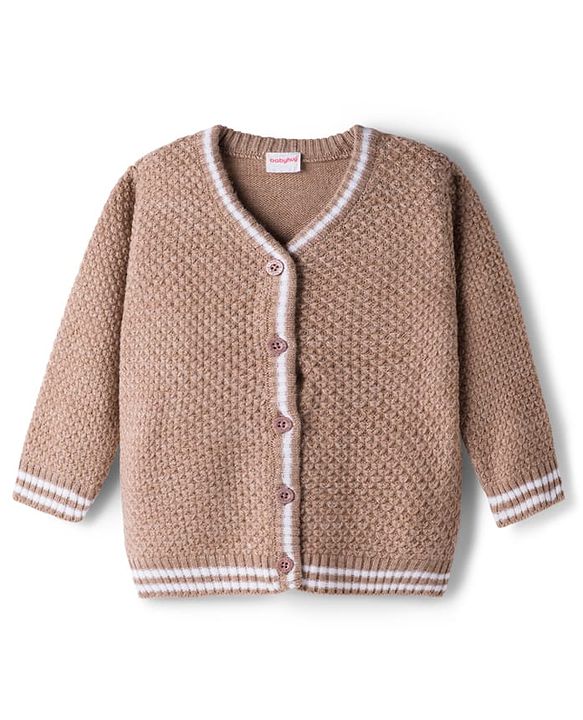 Babyhug Knit Full Sleeves  Front Open Sweater with Stripe Detailing - Brown