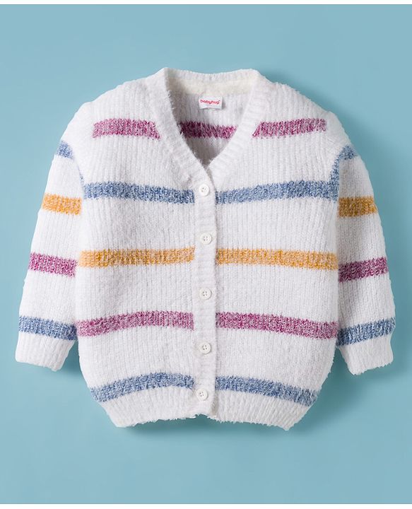 Babyhug Knit Full Sleeves Front Open Sweater & Pant Set with Stripe Design - White