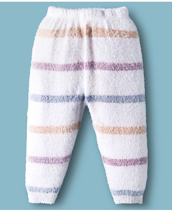 Babyhug Knit Full Sleeves Front Open Sweater & Pant Set with Stripe Design - White