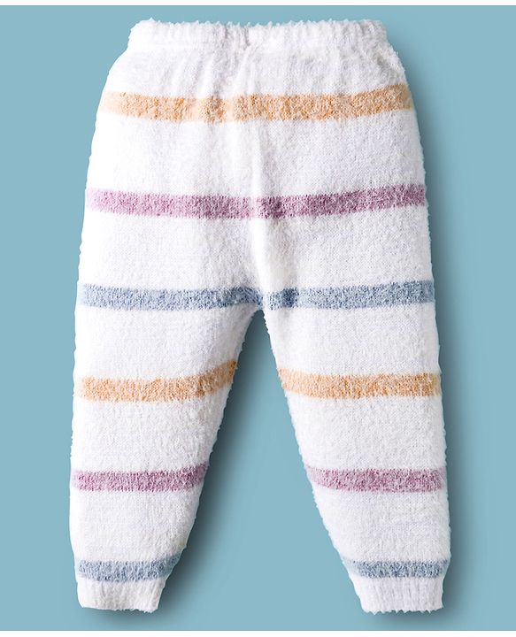 Babyhug Knit Full Sleeves Front Open Sweater & Pant Set with Stripe Design - White