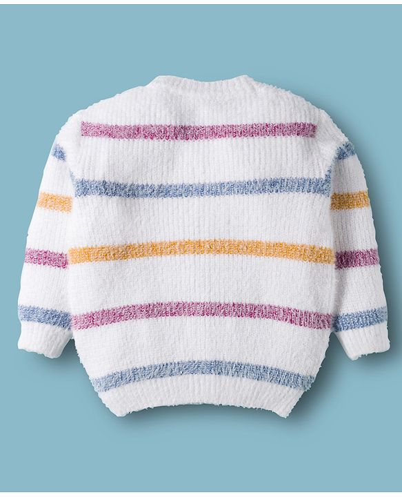 Babyhug Knit Full Sleeves Front Open Sweater & Pant Set with Stripe Design - White