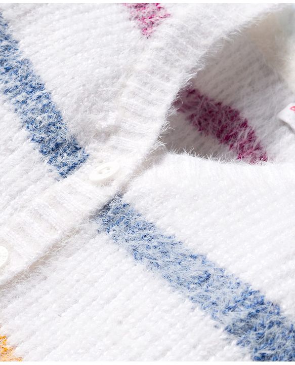 Babyhug Knit Full Sleeves Front Open Sweater & Pant Set with Stripe Design - White