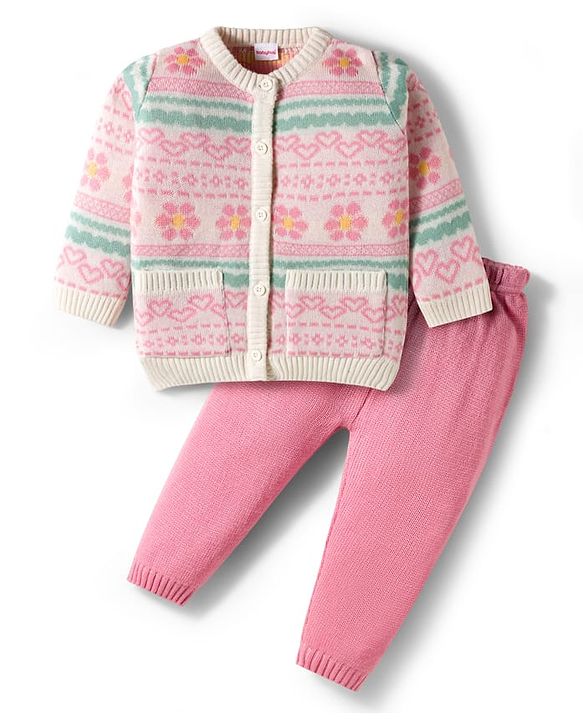 Babyhug Knit Full Sleeves  Front Open Sweater Sets With Floral Print - White & Pink