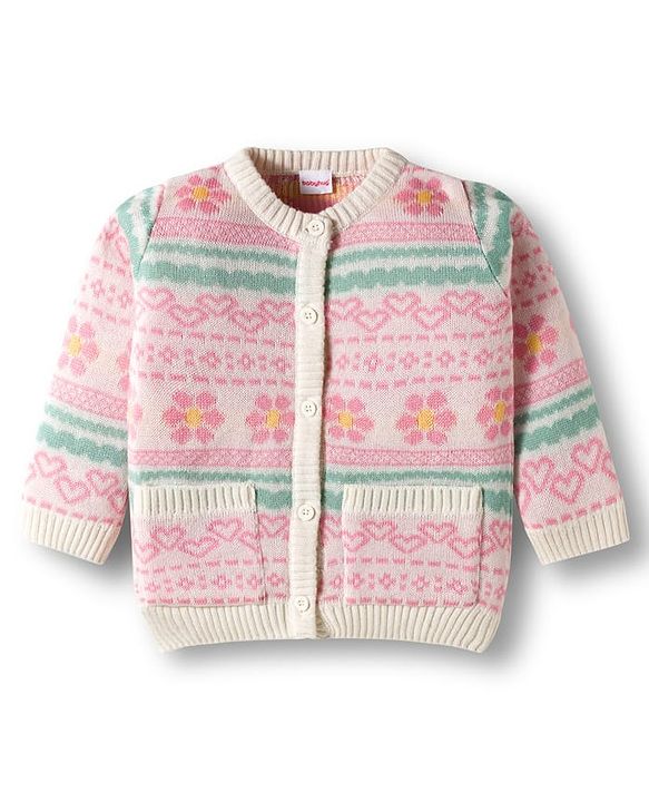 Babyhug Knit Full Sleeves  Front Open Sweater Sets With Floral Print - White & Pink