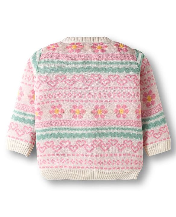 Babyhug Knit Full Sleeves  Front Open Sweater Sets With Floral Print - White & Pink