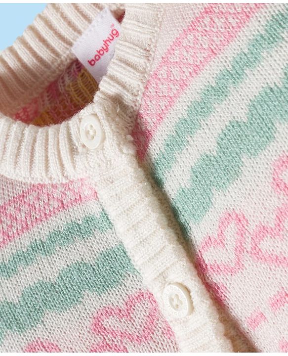 Babyhug Knit Full Sleeves  Front Open Sweater Sets With Floral Print - White & Pink