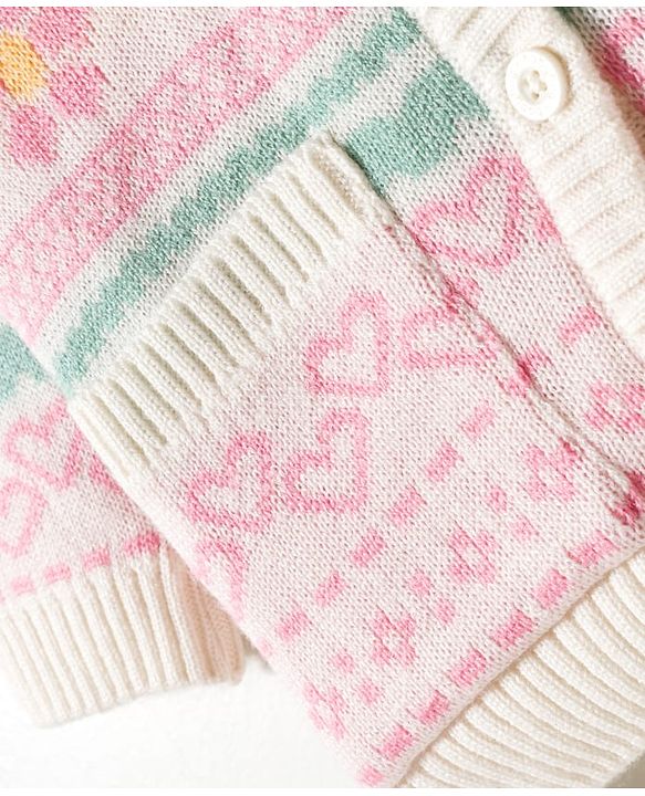 Babyhug Knit Full Sleeves  Front Open Sweater Sets With Floral Print - White & Pink