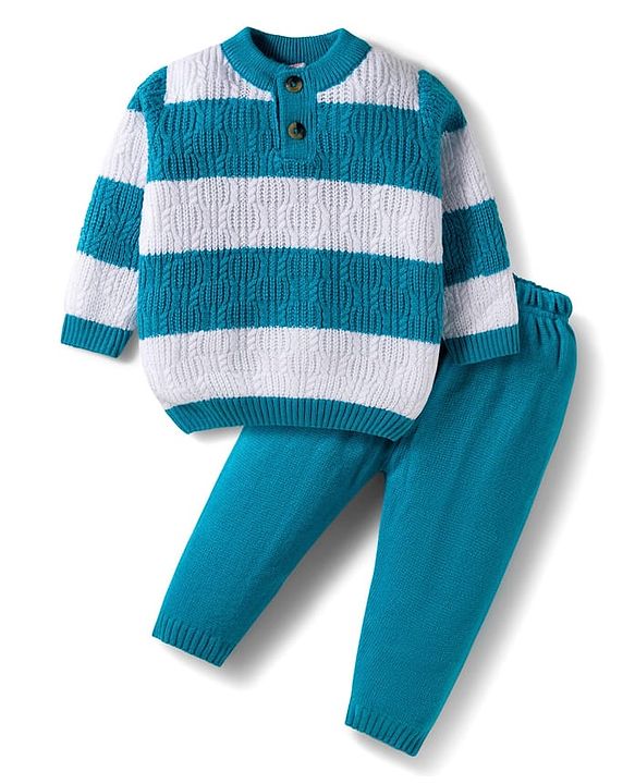 Babyhug Cotton Knit Full Sleeves Sweater Set With Stripes -Teal Blue & White