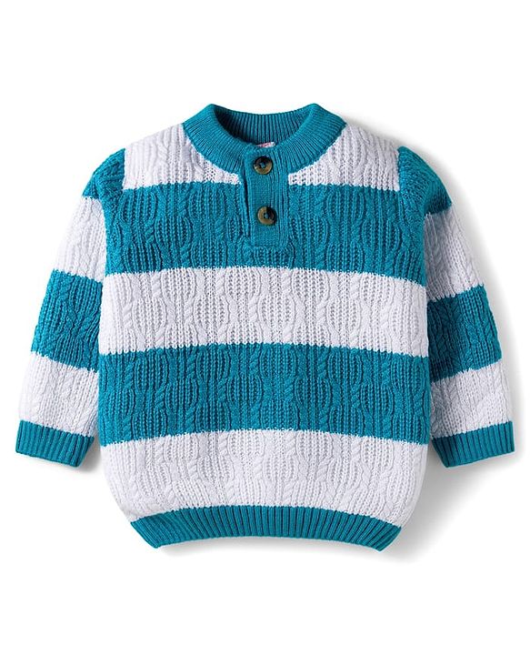 Babyhug Cotton Knit Full Sleeves Sweater Set With Stripes -Teal Blue & White