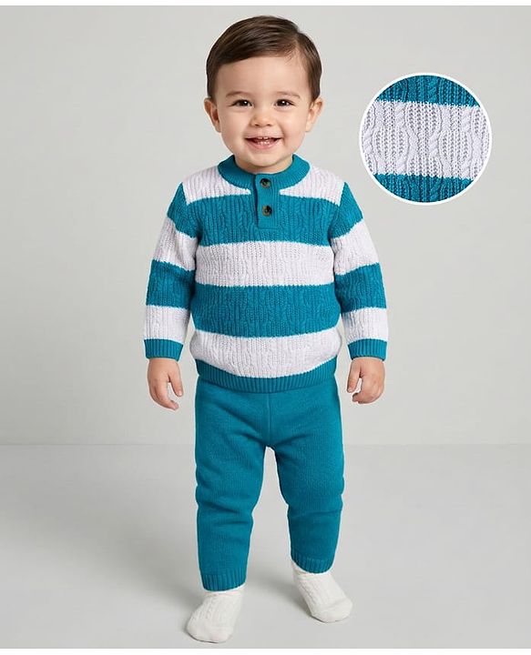 Babyhug Cotton Knit Full Sleeves Sweater Set With Stripes -Teal Blue & White