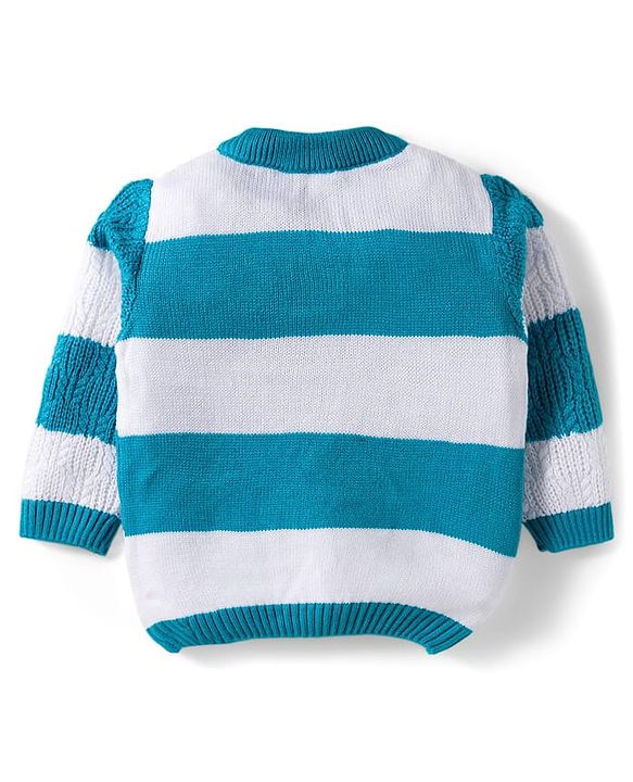 Babyhug Cotton Knit Full Sleeves Sweater Set With Stripes -Teal Blue & White