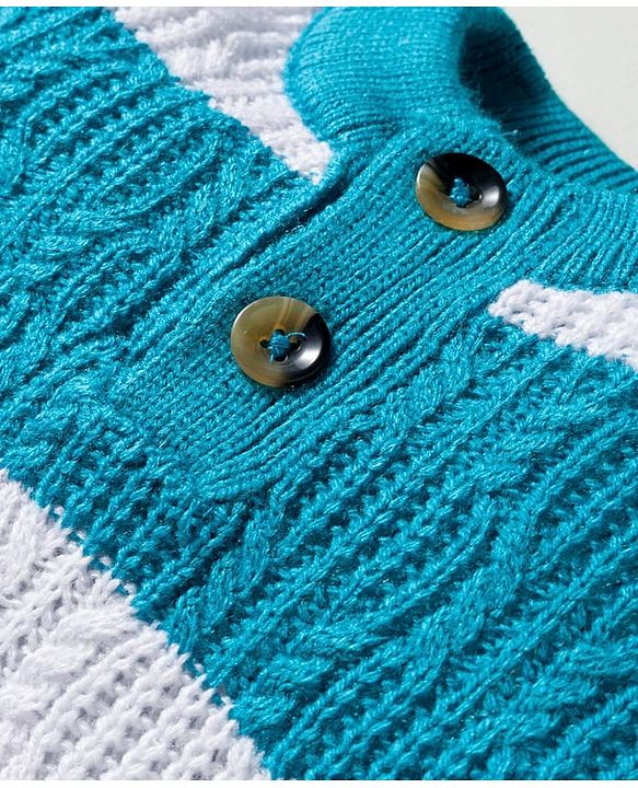 Babyhug Cotton Knit Full Sleeves Sweater Set With Stripes -Teal Blue & White