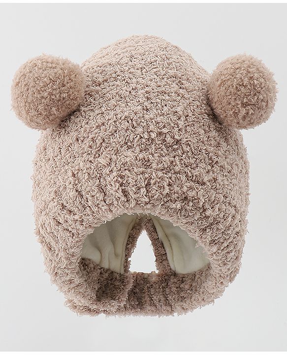 Babyhug Knitted Solid Woollen Cap With Pom Pom Tan - Diameter 12.5 cm
