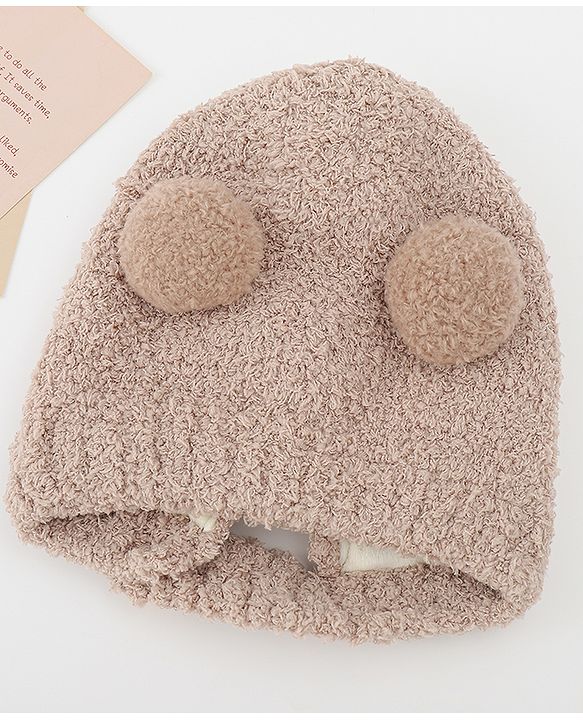 Babyhug Knitted Solid Woollen Cap With Pom Pom Tan - Diameter 12.5 cm