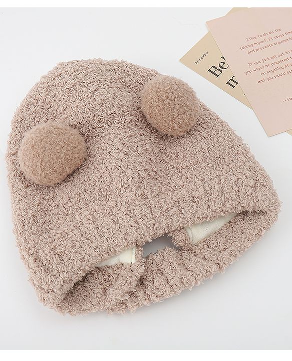 Babyhug Knitted Solid Woollen Cap With Pom Pom Tan - Diameter 12.5 cm