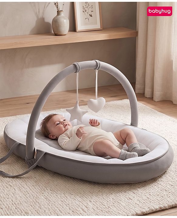 Babyhug 2-in-1 Premium Snuggle Nest with Mosquito Net & Diaper Changing Mat  White & Grey| for 012 Months Babies| Soft Breathable Fabric| Portable Baby Bed| New Born Gifting Option