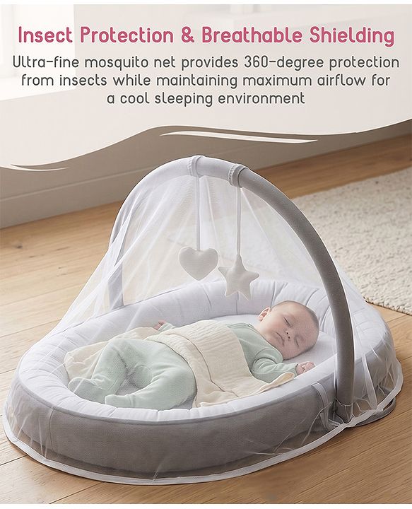 Babyhug 2-in-1 Premium Snuggle Nest with Mosquito Net & Diaper Changing Mat  White & Grey| for 012 Months Babies| Soft Breathable Fabric| Portable Baby Bed| New Born Gifting Option