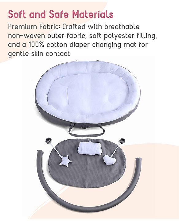 Babyhug 2-in-1 Premium Snuggle Nest with Mosquito Net & Diaper Changing Mat  White & Grey| for 012 Months Babies| Soft Breathable Fabric| Portable Baby Bed| New Born Gifting Option