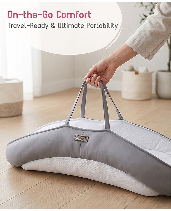 Babyhug 2-in-1 Premium Snuggle Nest with Mosquito Net & Diaper Changing Mat  White & Grey| for 012 Months Babies| Soft Breathable Fabric| Portable Baby Bed| New Born Gifting Option