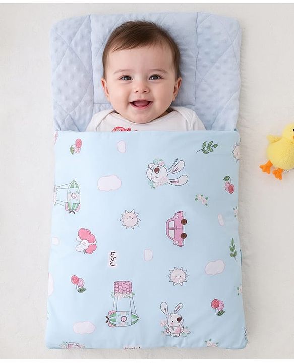 Babyhug Premium Sleeping Bag with Ultra Soft Bubble Lining Car Print - Blue| 100% Cotton| for 0-9 Months| Ultra Soft Lining| Smooth Zipper| All Season| Breathable & Cozy| Use as Carry Nest Mattress