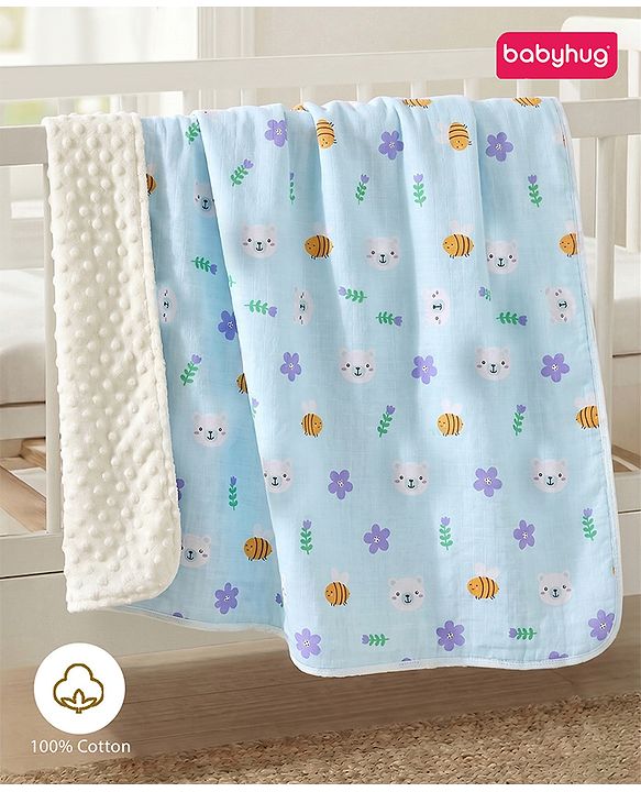 Babyhug Reversible Muslin Baby Blanket with Bubble Fabric Bear Bee Print - Green| New Born & Toddler Gifting| Machine Washable| Baby Safe| Travel Friendly| 0 - 12 Months