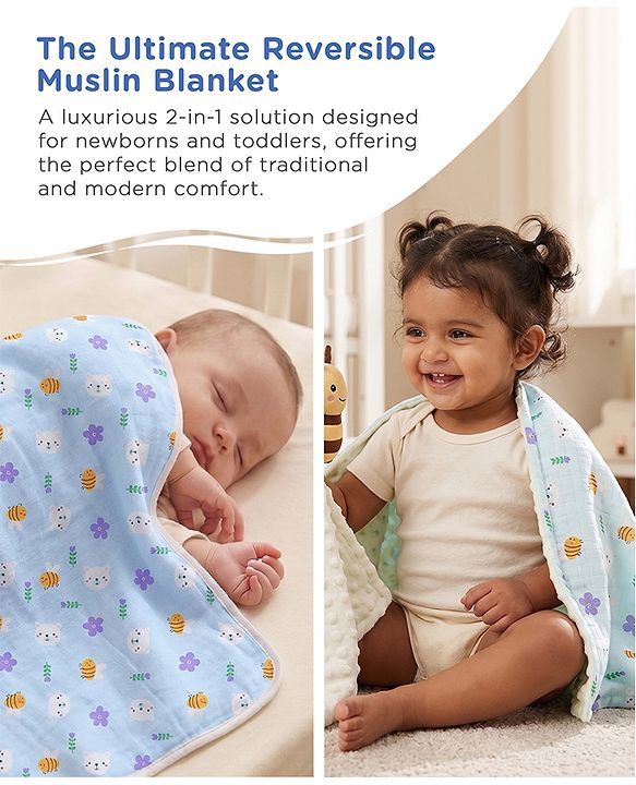 Babyhug Reversible Muslin Baby Blanket with Bubble Fabric Bear Bee Print - Green| New Born & Toddler Gifting| Machine Washable| Baby Safe| Travel Friendly| 0 - 12 Months