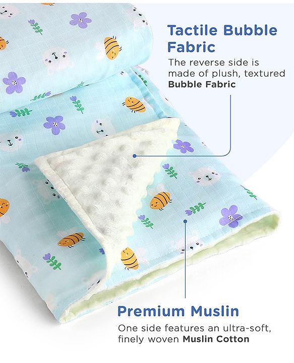 Babyhug Reversible Muslin Baby Blanket with Bubble Fabric Bear Bee Print - Green| New Born & Toddler Gifting| Machine Washable| Baby Safe| Travel Friendly| 0 - 12 Months