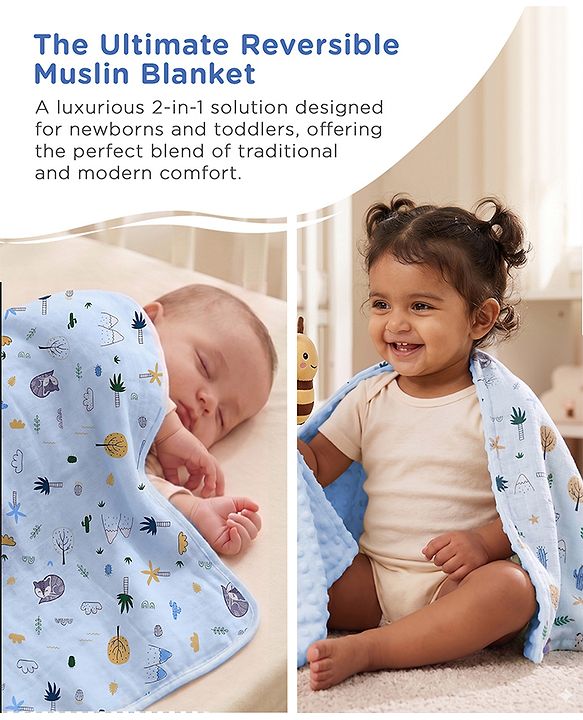 Babyhug Reversible Muslin Baby Blanket with Bubble Fabric Bear Bee Print - Green| New Born & Toddler Gifting| Machine Washable| Baby Safe| Travel Friendly| 0 - 12 Months