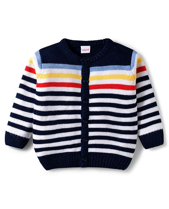 Babyhug Knitted Full Sleeves Striped Sweater Set - Navy Blue