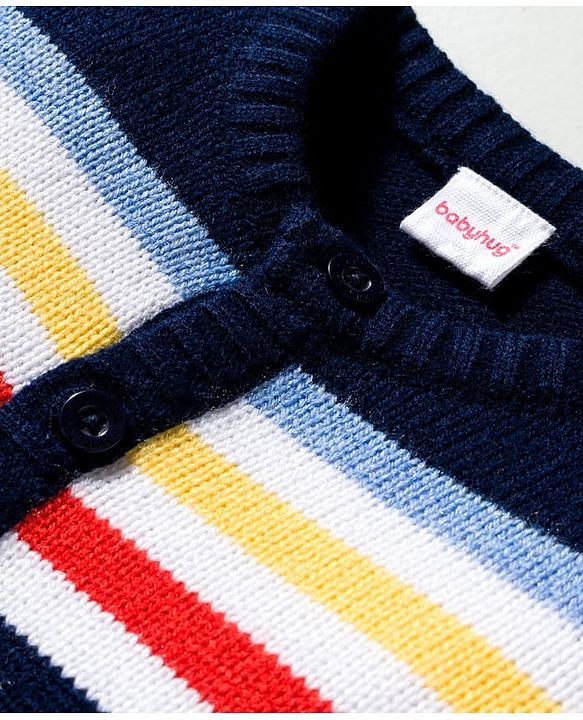 Babyhug Knitted Full Sleeves Striped Sweater Set - Navy Blue