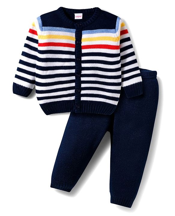 Babyhug Knitted Full Sleeves Striped Sweater Set - Navy Blue