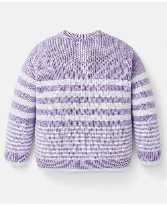 Babyhug Knit Full Sleeves Front Open Sweater Set with Stripes - Lavender
